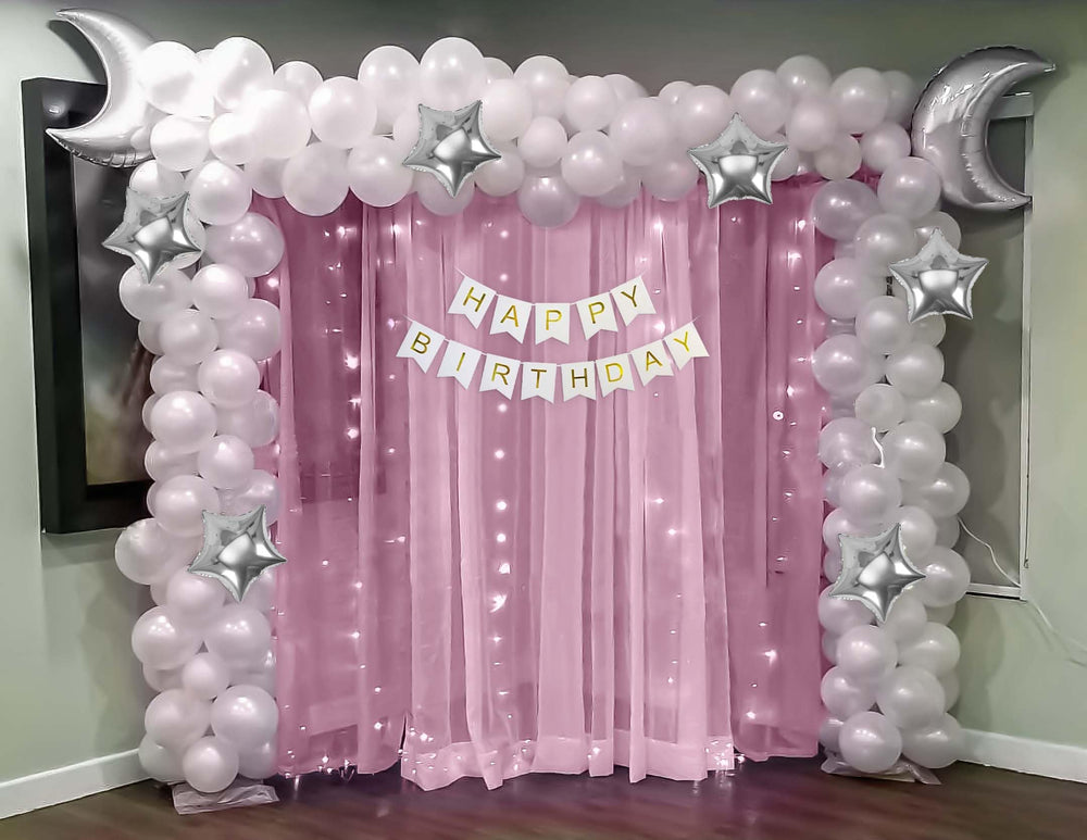 Moon and Stars Happy Birthday Decoration Theme Set Includes Net Curtains and Fairy Lights