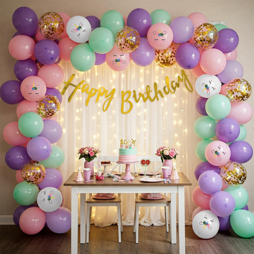 Pastel Color Happy Birthday Decoration Theme Set Includes Net Curtains and Fairy Lights