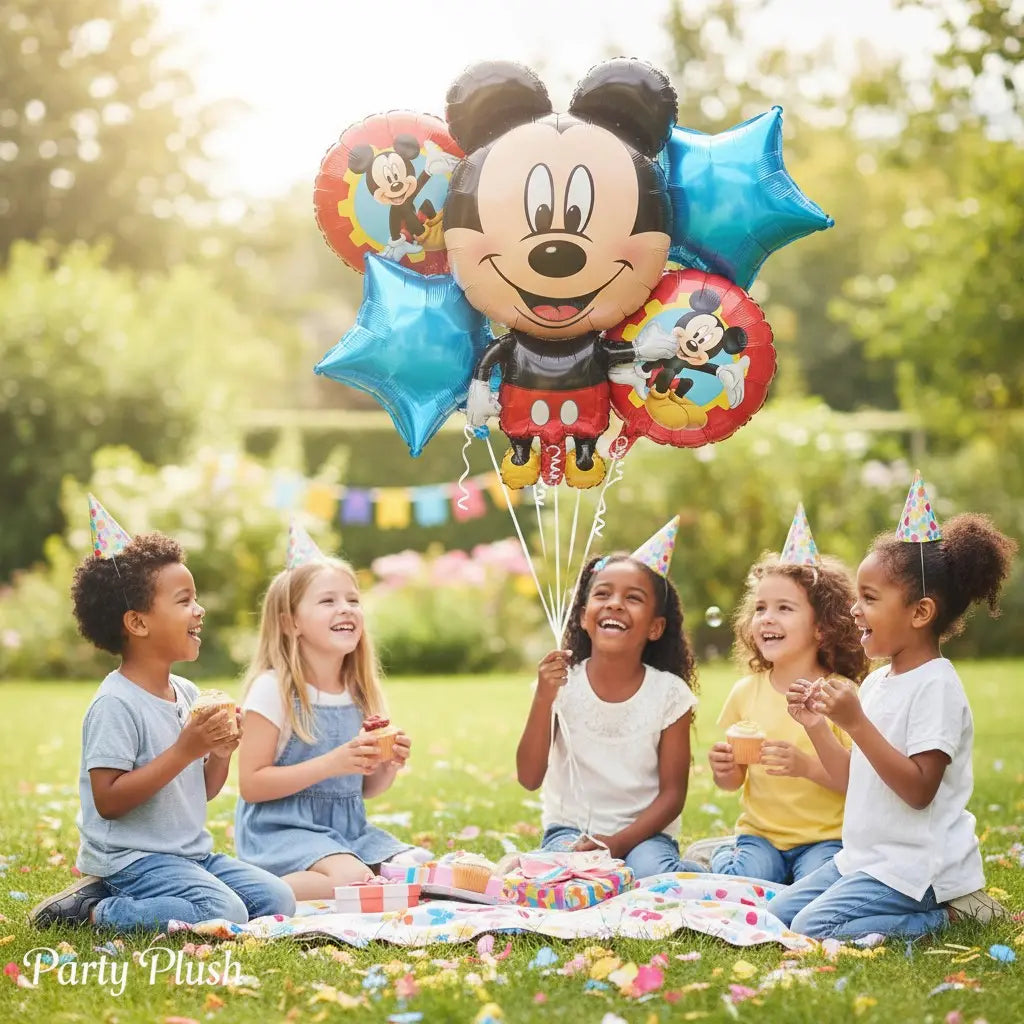 “Kids Happy Birthday Balloon Set – 5 pcs Mickey Mouse & Star Balloons | Party Plush”