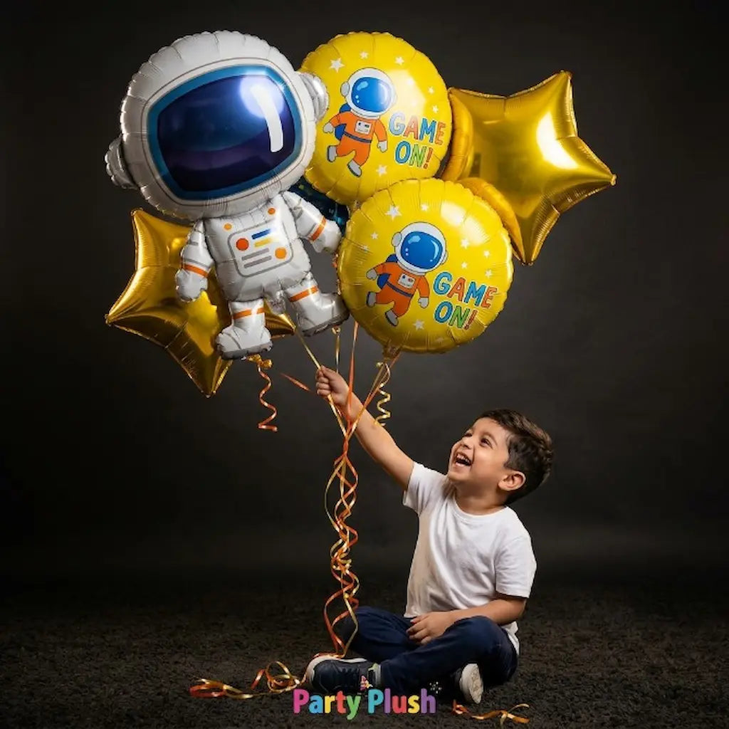 5 Pcs Astronaut Foil Balloon Set | Space Theme Character + Star + Round Balloons | Birthday Party Decoration Pakistan