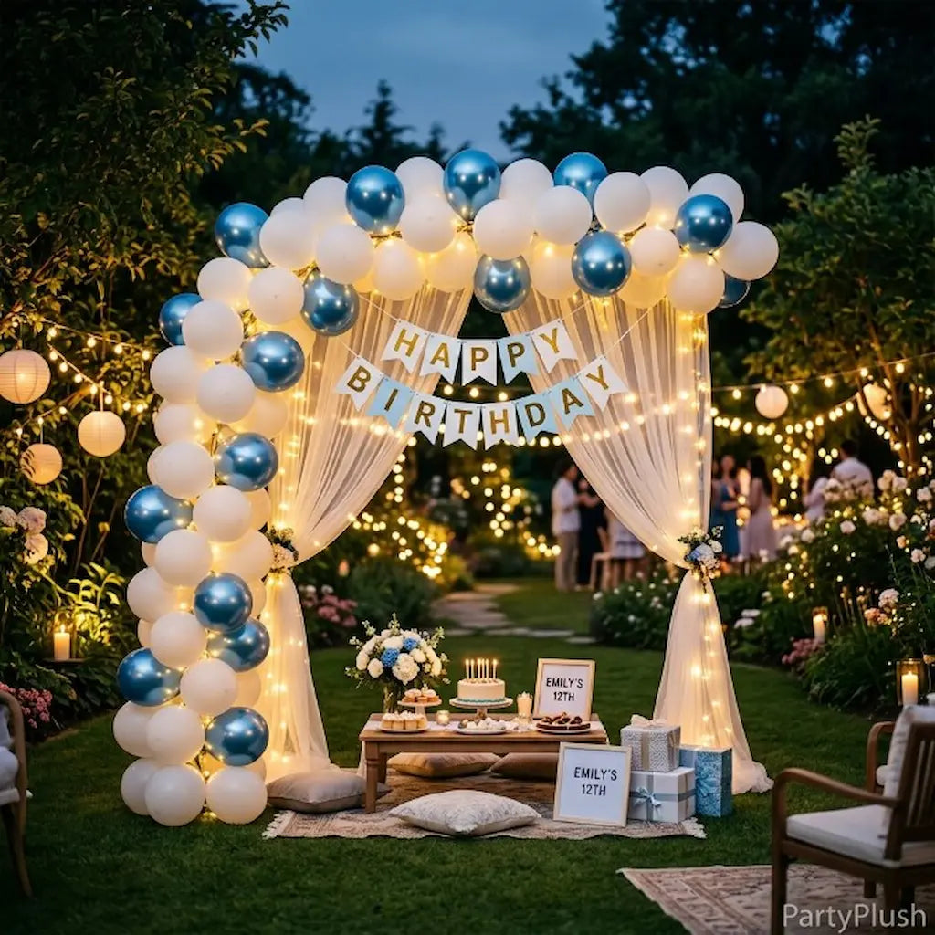 White and Blue Happy Birthday Decoration Theme Set Includes Net Curtains and Fairy Lights