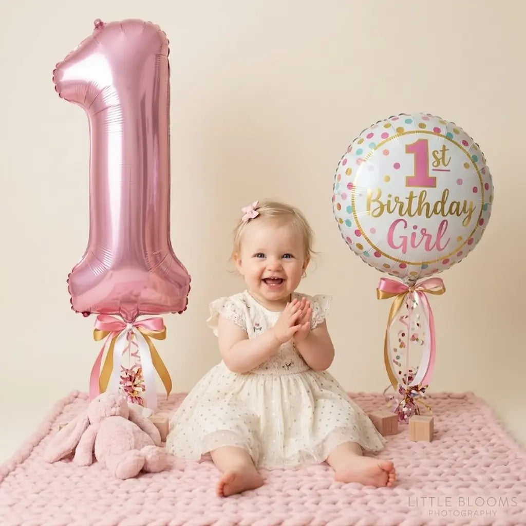 "Pink 1st Birthday Girl Foil Balloon Set – Number '1' Shape & Polka Dot Round Balloon Combo | Baby Girl Birthday Party Decoration"