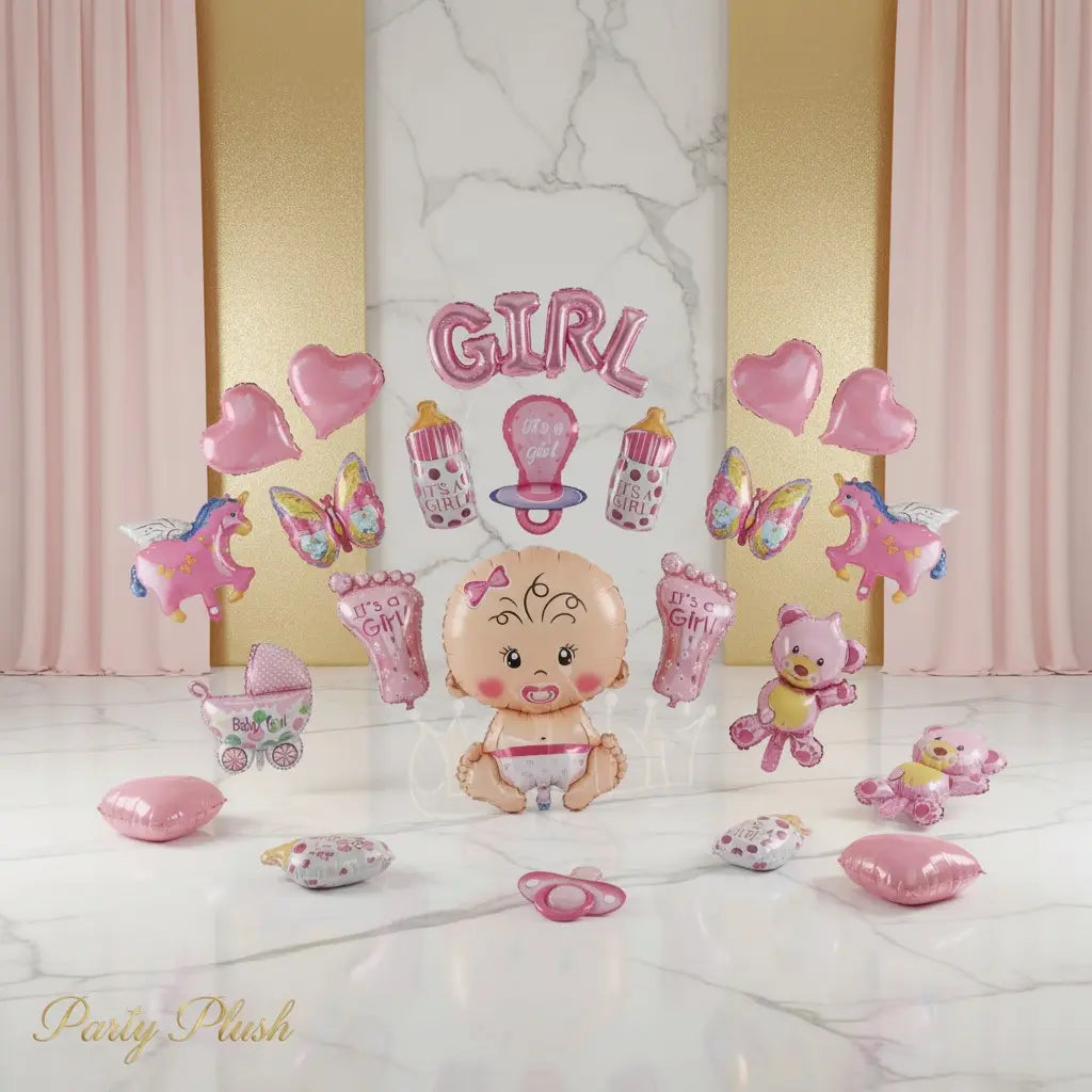 Baby Girl Foil Balloon Set 17pcs | Cute Baby Shower Decoration Balloons | Pink Theme Party Supplies