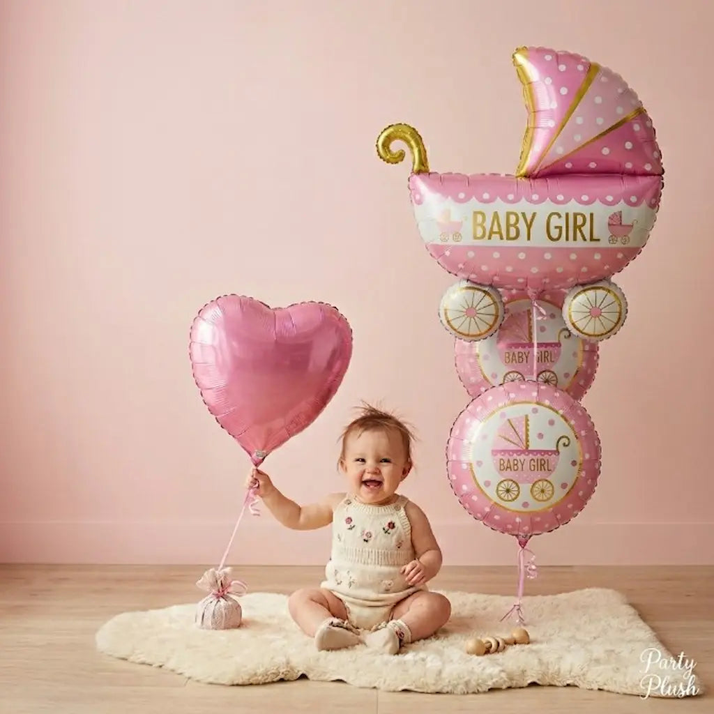 "Baby Girl Balloon Set of 5 – Heart, Pram & Polka Dot Carriage Foil Balloons | Baby Shower & Welcome Baby Girl Party Decoration"
