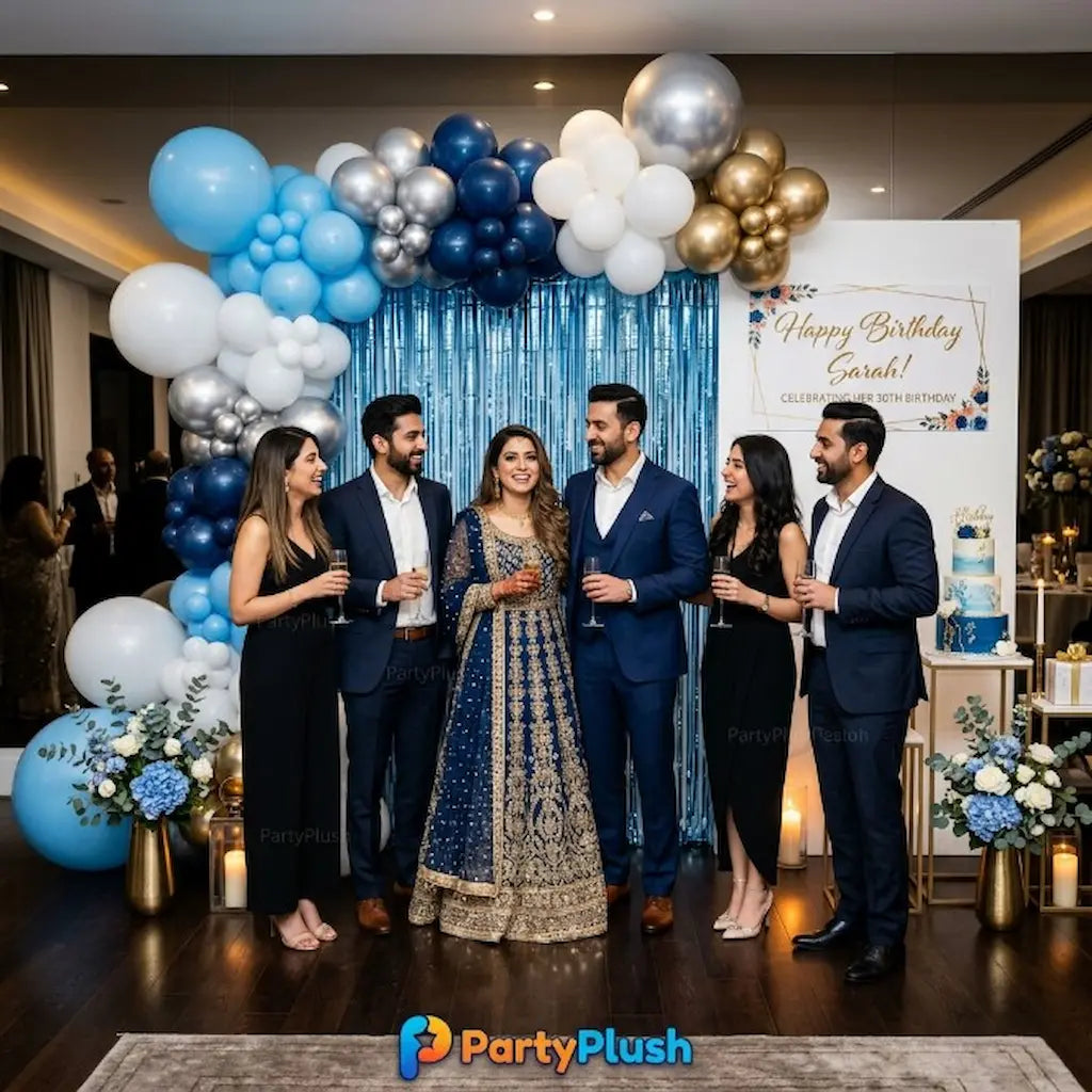 Blue & White Happy Birthday Balloon Decoration Theme | Premium Party Setup | PartyPlush