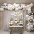 White and Silver Happy Birthday Decoration Theme Set Includes Net Curtains and Fairy Lights