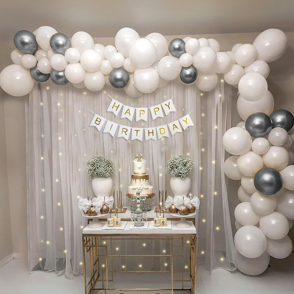 White and Silver Happy Birthday Decoration Theme Set Includes Net Curtains and Fairy Lights