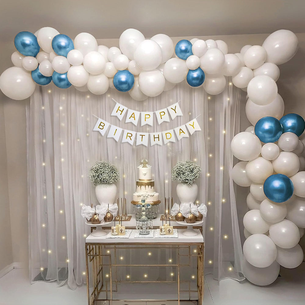 White and Blue Happy Birthday Decoration Theme Set Includes Net Curtains and Fairy Lights