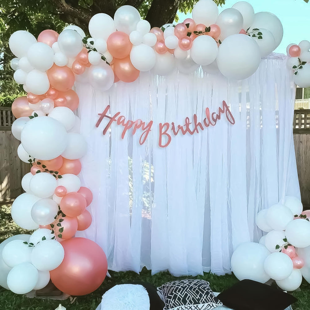White and Rose Gold Happy Birthday Decoration Theme Set Includes Net Curtains and Fairy Lights