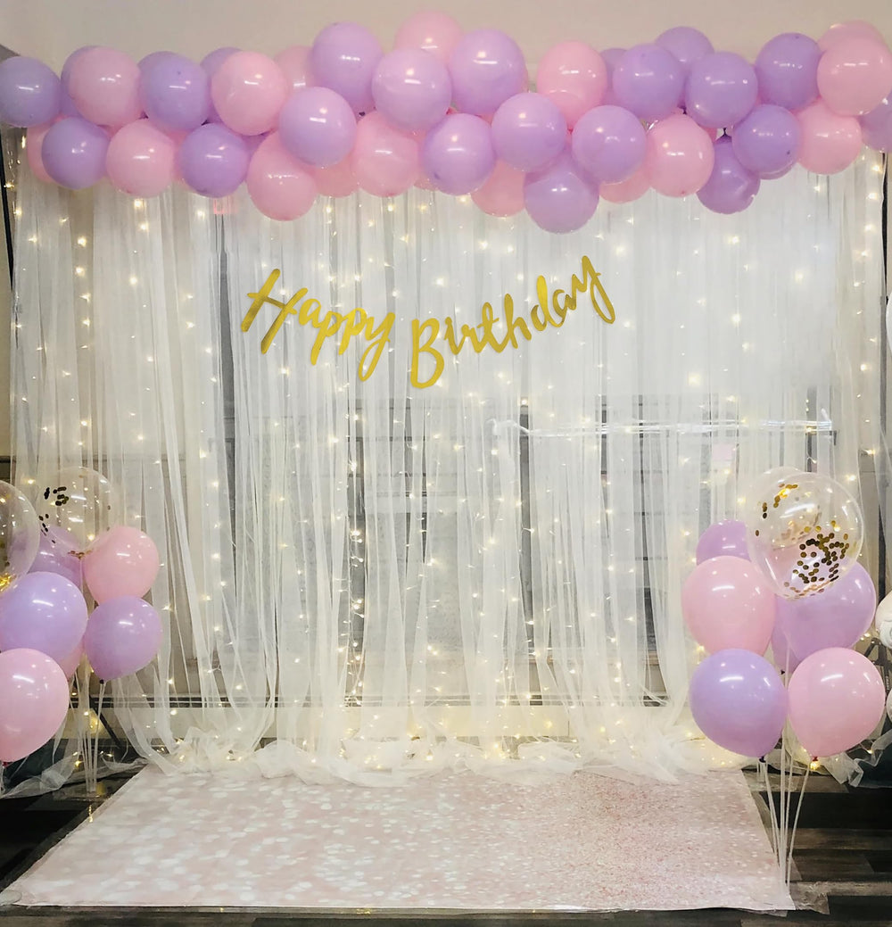 Purple and Pink Happy Birthday Decoration Theme Set Includes Net Curtains and Fairy Lights