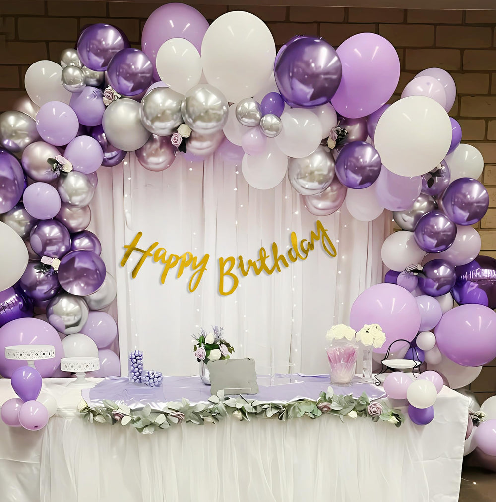 Purple White and Silver Happy Birthday Decoration Theme Set Includes Net Curtains and Fairy Lights