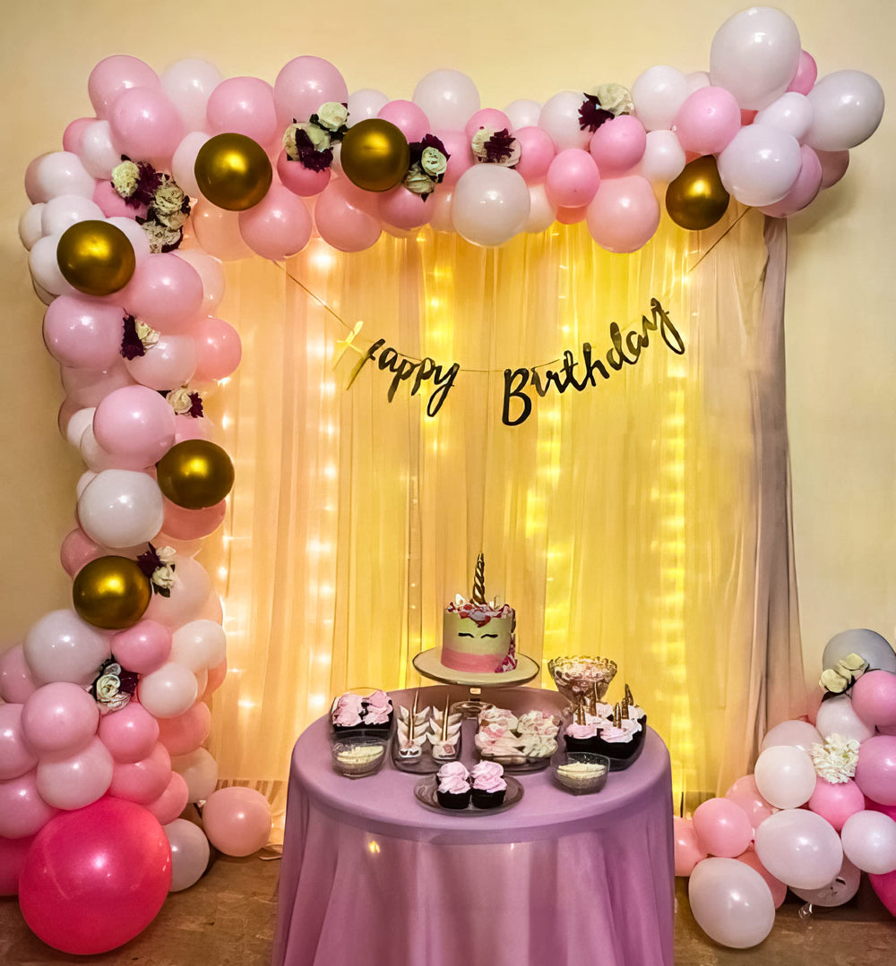 Pink White and Golden Happy Birthday Decoration Theme Set Includes Net Curtains and Fairy Lights