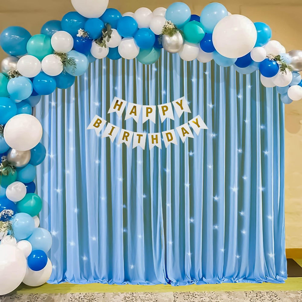 Blue and White Happy Birthday Decoration Theme Set Includes Net Curtains and Fairy Lights