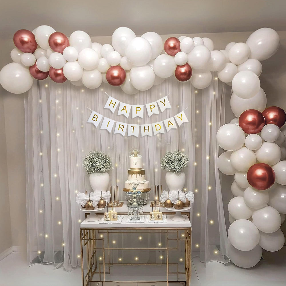 White and Rose Gold Happy Birthday Decoration Theme Set Includes Net Curtains and Fairy Lights