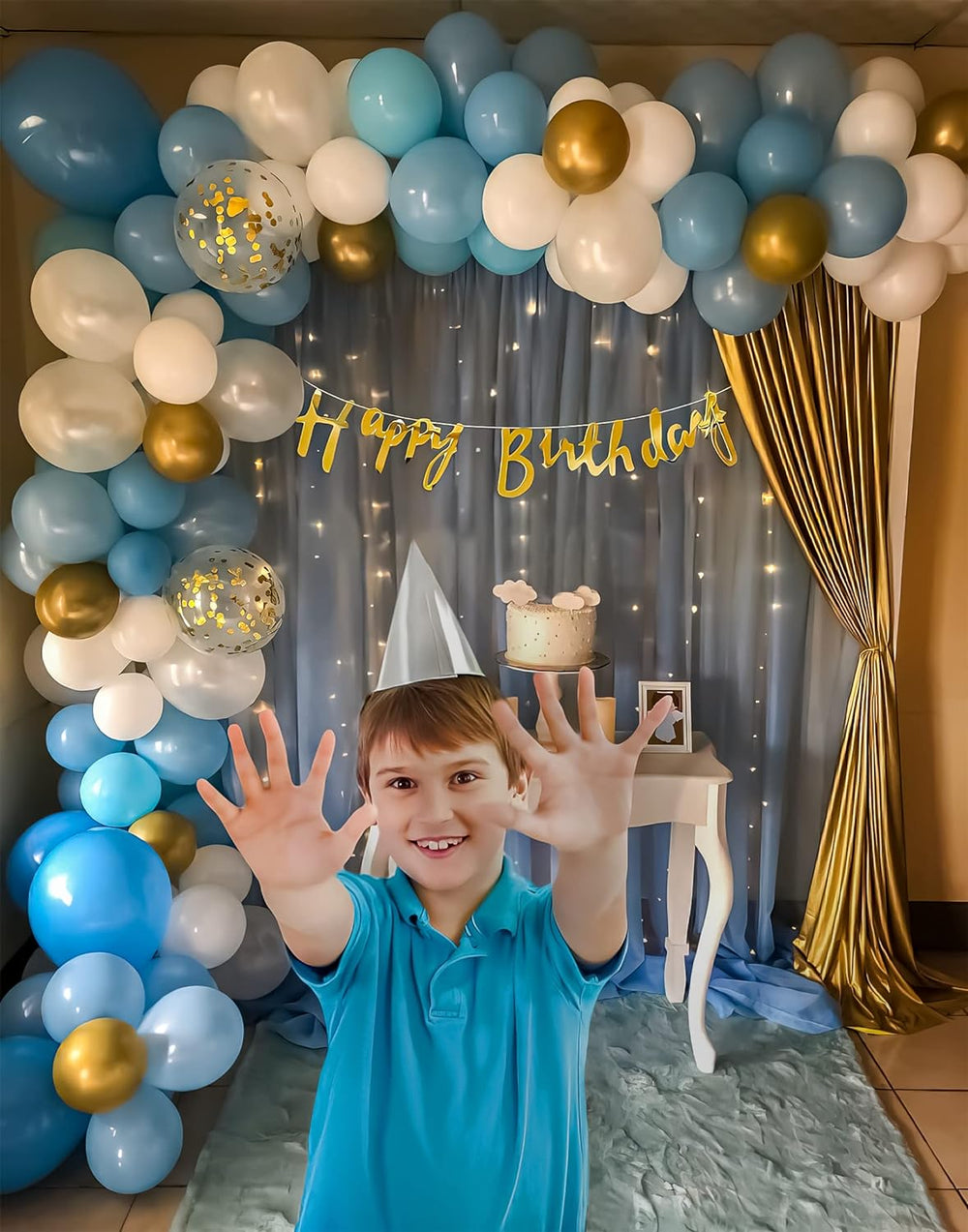Trending Happy Birthday Decoration Theme Setup | Blue - White and Golden Includes Net Curtains and Fairy Lights
