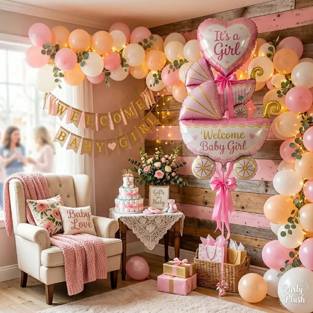 "Baby Girl Balloon Set of 5 – Heart, Pram & Polka Dot Carriage Foil Balloons | Baby Shower & Welcome Baby Girl Party Decoration"