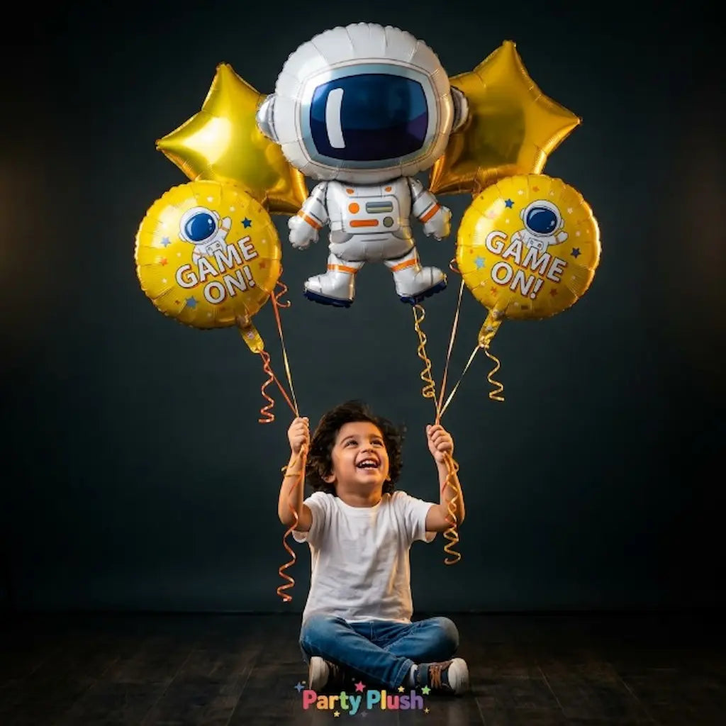 5 Pcs Astronaut Foil Balloon Set | Space Theme Character + Star + Round Balloons | Birthday Party Decoration Pakistan