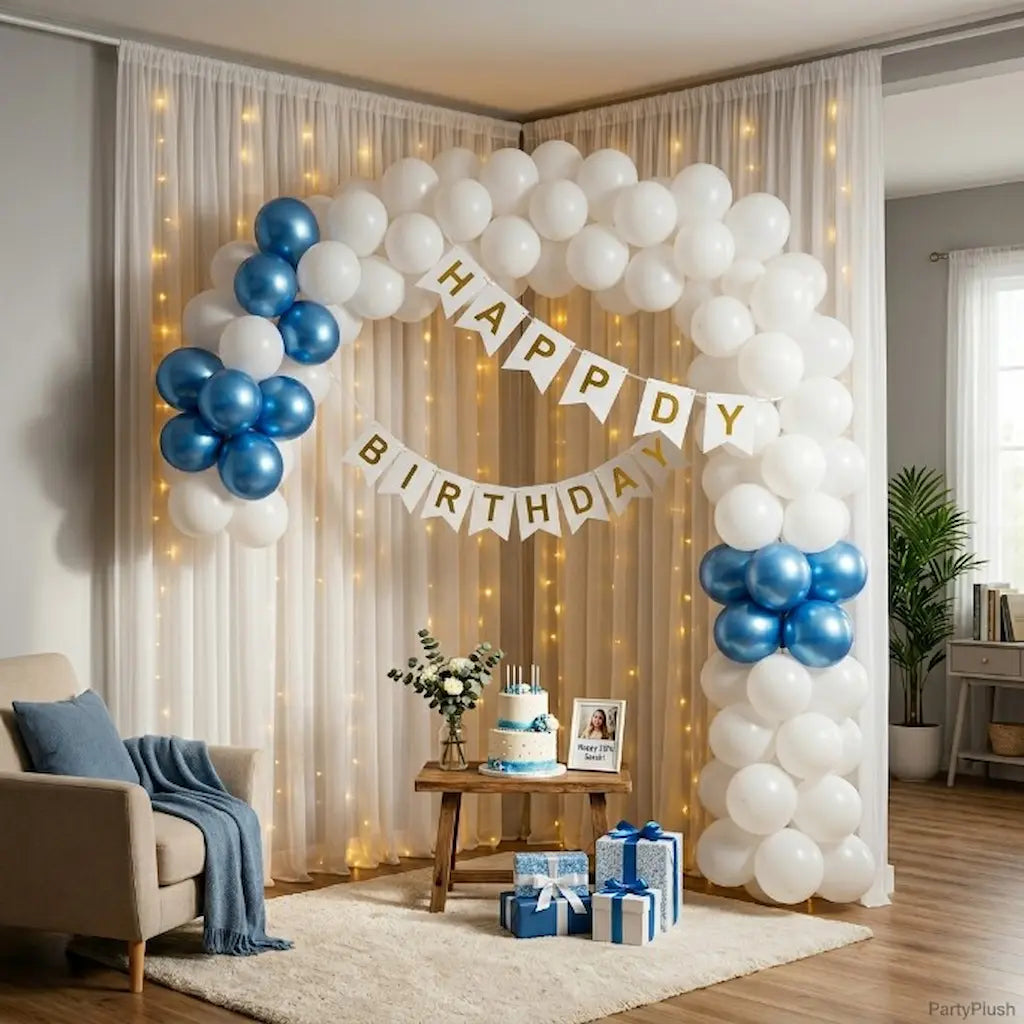 White and Blue Happy Birthday Decoration Theme Set Includes Net Curtains and Fairy Lights