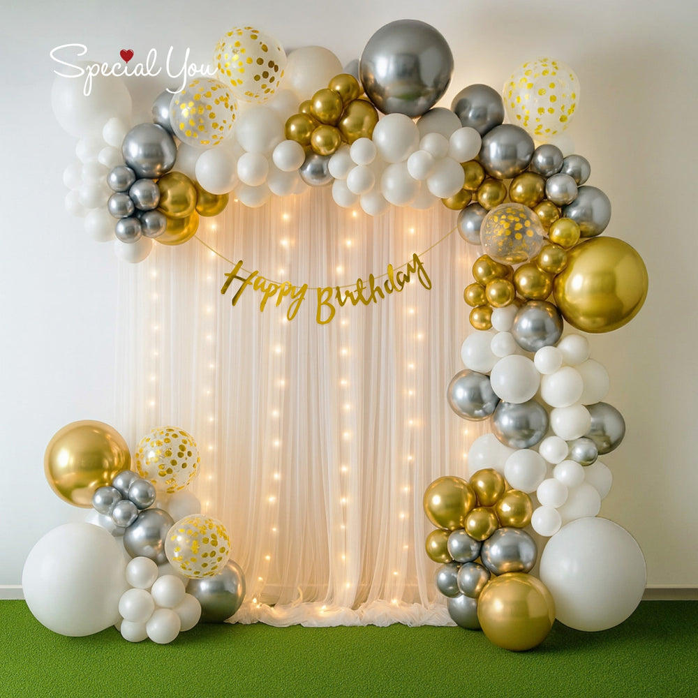 White Silver and Golden Happy Birthday Decoration Theme Set