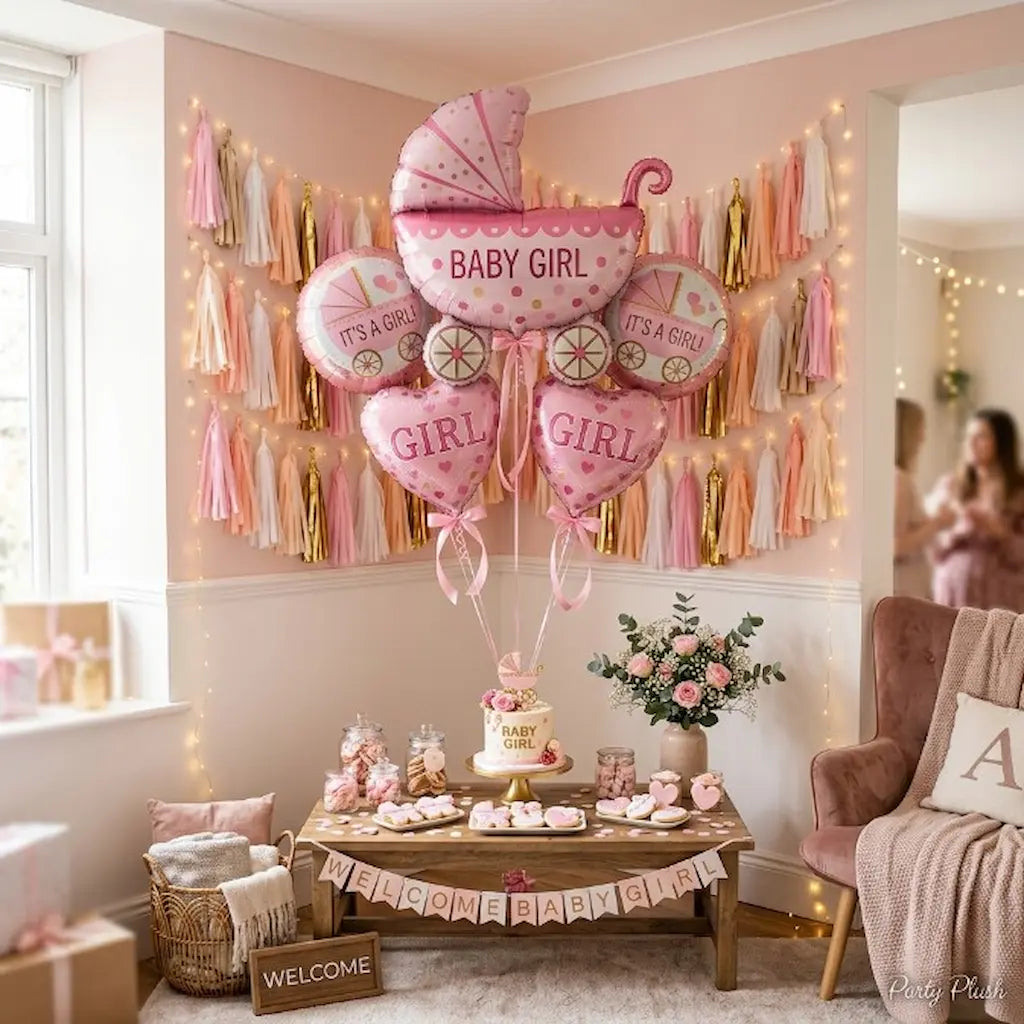 "Baby Girl Balloon Set of 5 – Heart, Pram & Polka Dot Carriage Foil Balloons | Baby Shower & Welcome Baby Girl Party Decoration"
