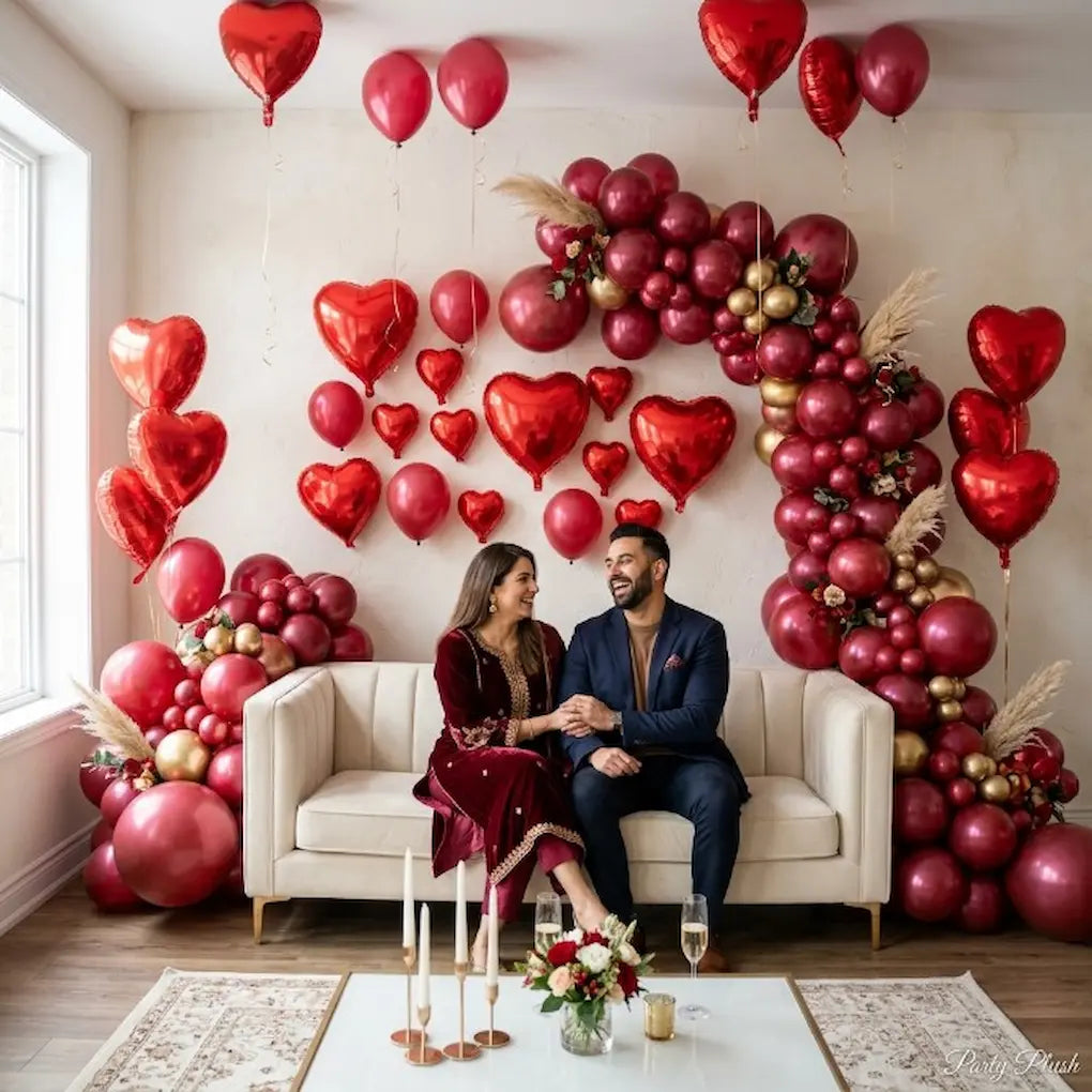 12 Pcs Red Color Heart Shaped Foil Balloons For Romantic Decoration - 18 Inches Extra Large Size