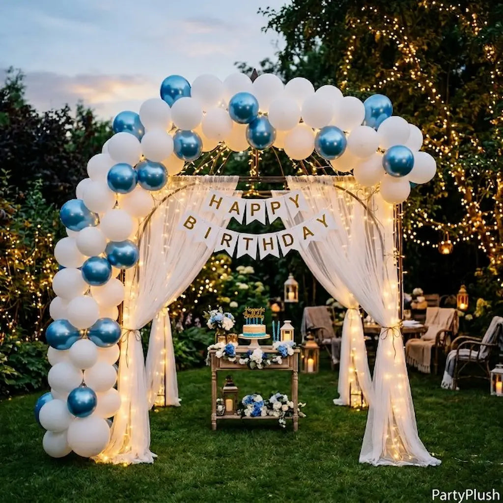 White and Blue Happy Birthday Decoration Theme Set Includes Net Curtains and Fairy Lights