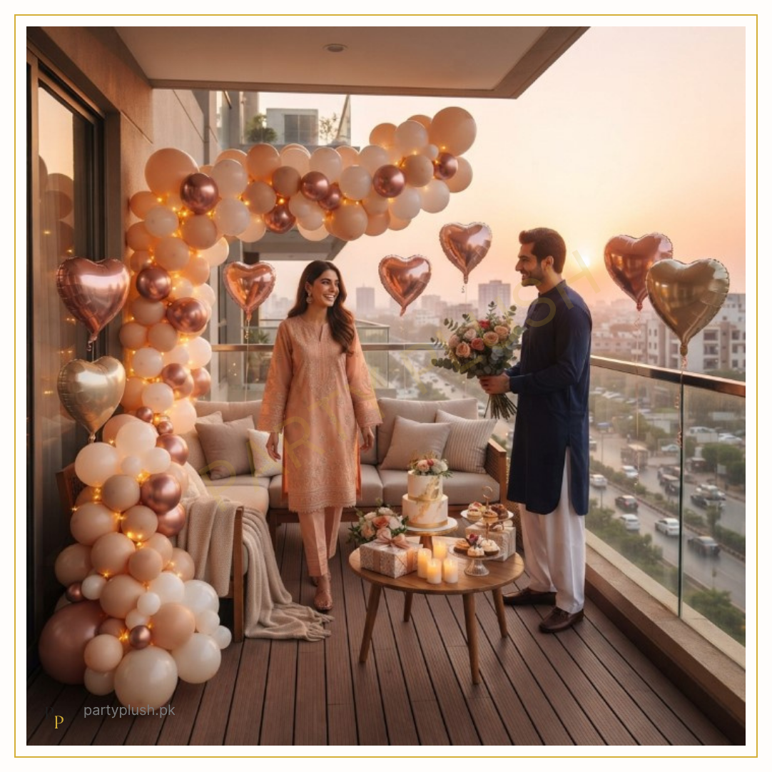 Romantic balcony anniversary decoration with organic balloon arch, Happy Anniversary foil letters, red heart foil balloons, fairy lights and Pakistani couple.