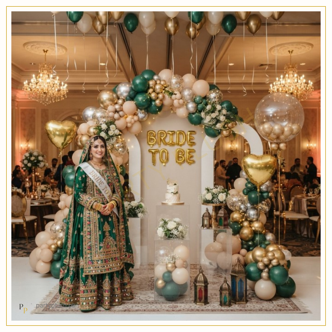 Luxury Balochi Emerald Bride To Be Decoration Theme with Emerald Green Balloon Arch and Elegant Bridal Shower Setup