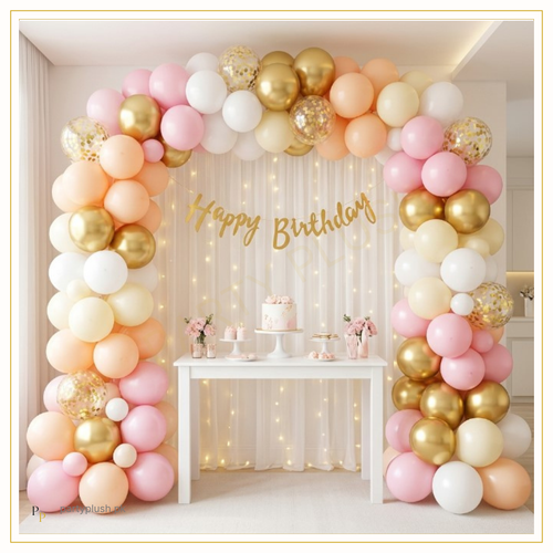 Blush pink, peach, white and chrome gold balloon arch with Happy Birthday banner, fairy lights and elegant birthday cake setup for a luxury birthday celebration.