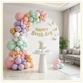 Butterfly Garden Luxe Happy Birthday Balloon Decoration Kit with pastel balloon arch, 3D butterflies and chrome gold balloons by Party Plush Pakistan