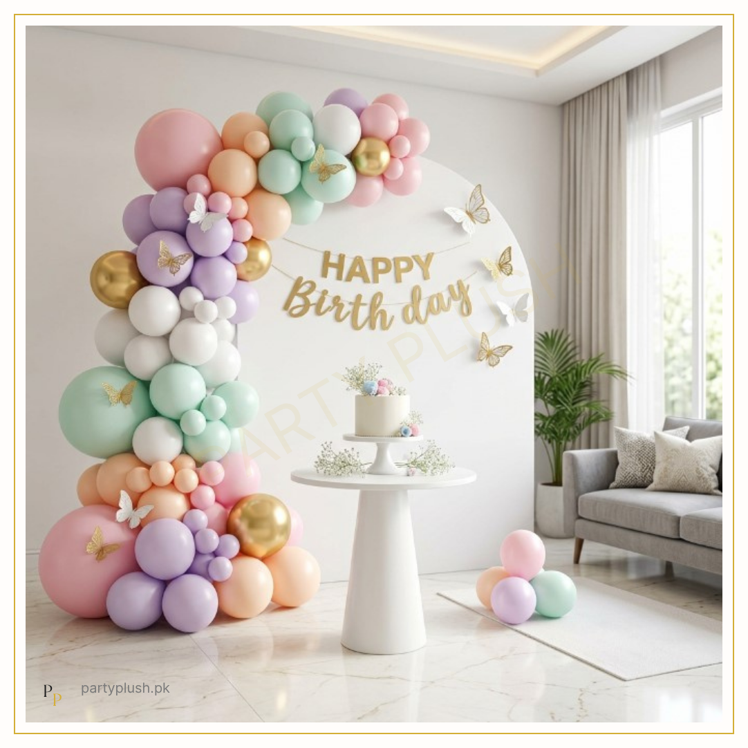 Butterfly Garden Luxe Happy Birthday Balloon Decoration Kit with pastel balloon arch, 3D butterflies and chrome gold balloons by Party Plush Pakistan