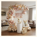 Luxury Champagne Luxe Bride decoration setup with champagne balloons, elegant bride foil balloons, premium balloon arch, and bridal shower party decorations.
