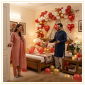 Romantic anniversary bedroom decoration with red, white and gold balloon arch, Happy Anniversary foil balloons, red heart foil balloons and fairy lights.