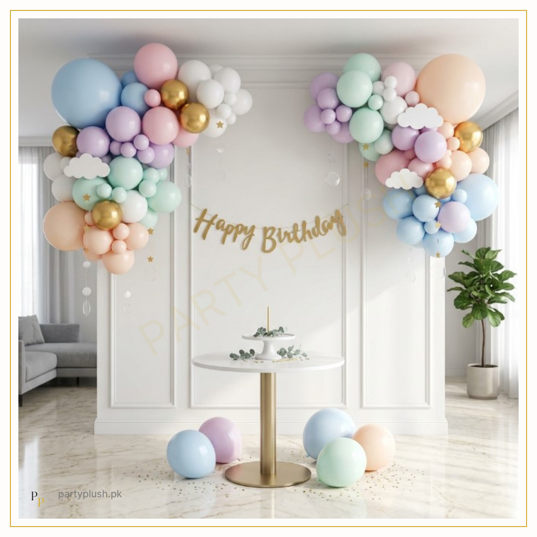 Dream Clouds Happy Birthday Balloon Decoration Kit with pastel balloon clusters, cloud decorations and chrome gold balloons by Party Plush Pakistan
