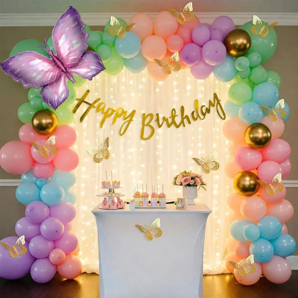 Trending 3D Butterflies Happy Birthday Decoration Theme Setup Includes 3d Mettallic Butterflies - Fairy Lights and Net Curtains