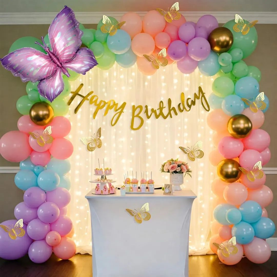 Trending 3D Butterflies Happy Birthday Decoration Theme Setup Includes 3d Mettallic Butterflies - Fairy Lights and Net Curtains