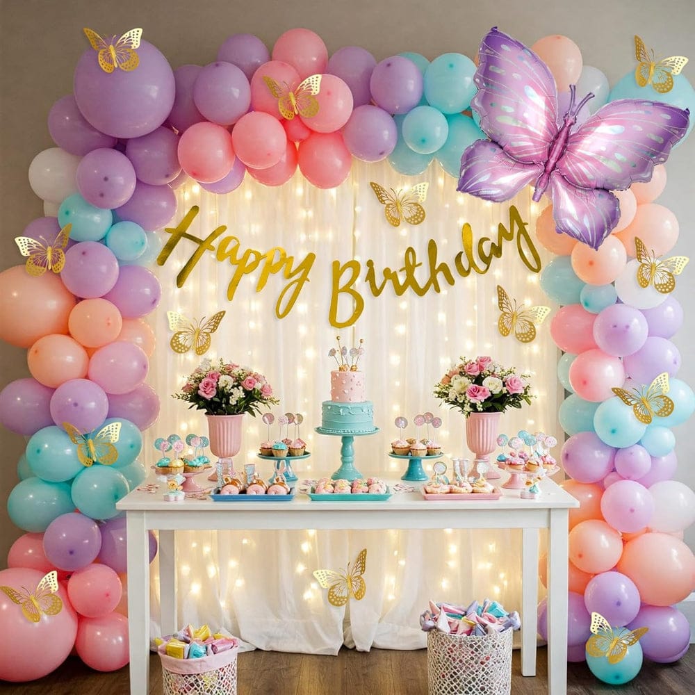 Trending 3D Butterflies Happy Birthday Decoration Theme Setup Includes 3d Mettallic Butterflies - Fairy Lights and Net Curtains