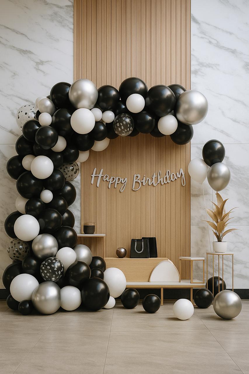 Black Silver and White Happy Birthday Decoration Theme Set