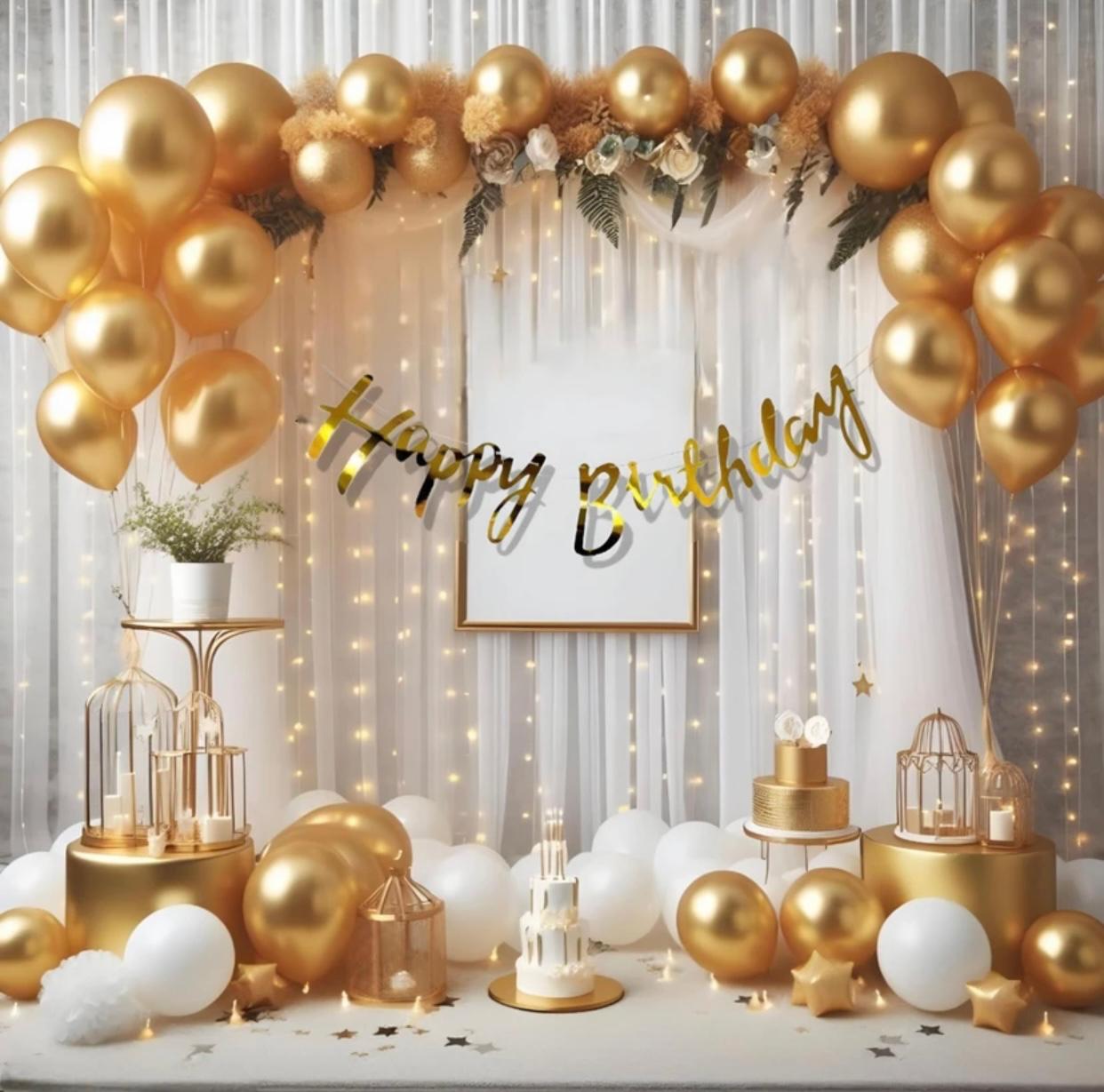 White and Golden Happy Birthday Decoration Theme Set Includes Net Curtains and Fairy Lights
