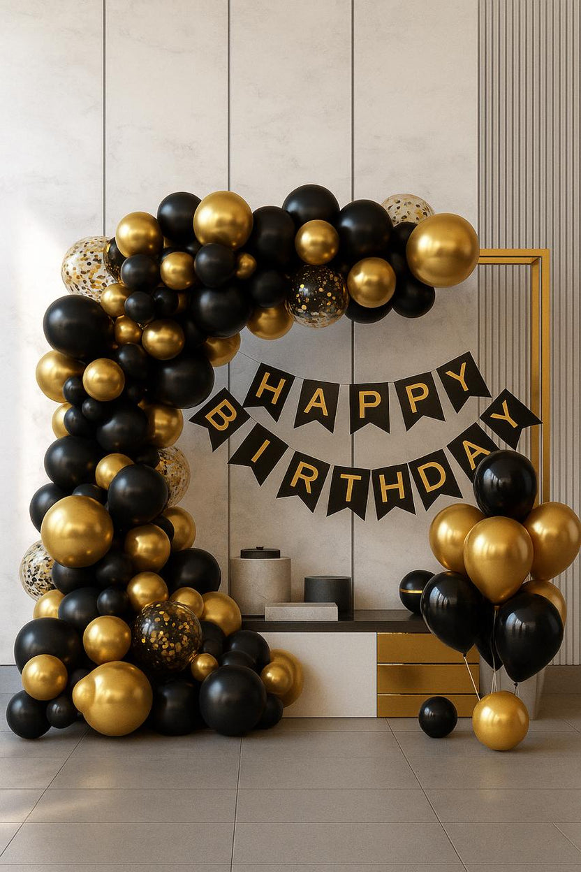 Black and Gold Happy Birthday Decoration Theme Set – Party Plush