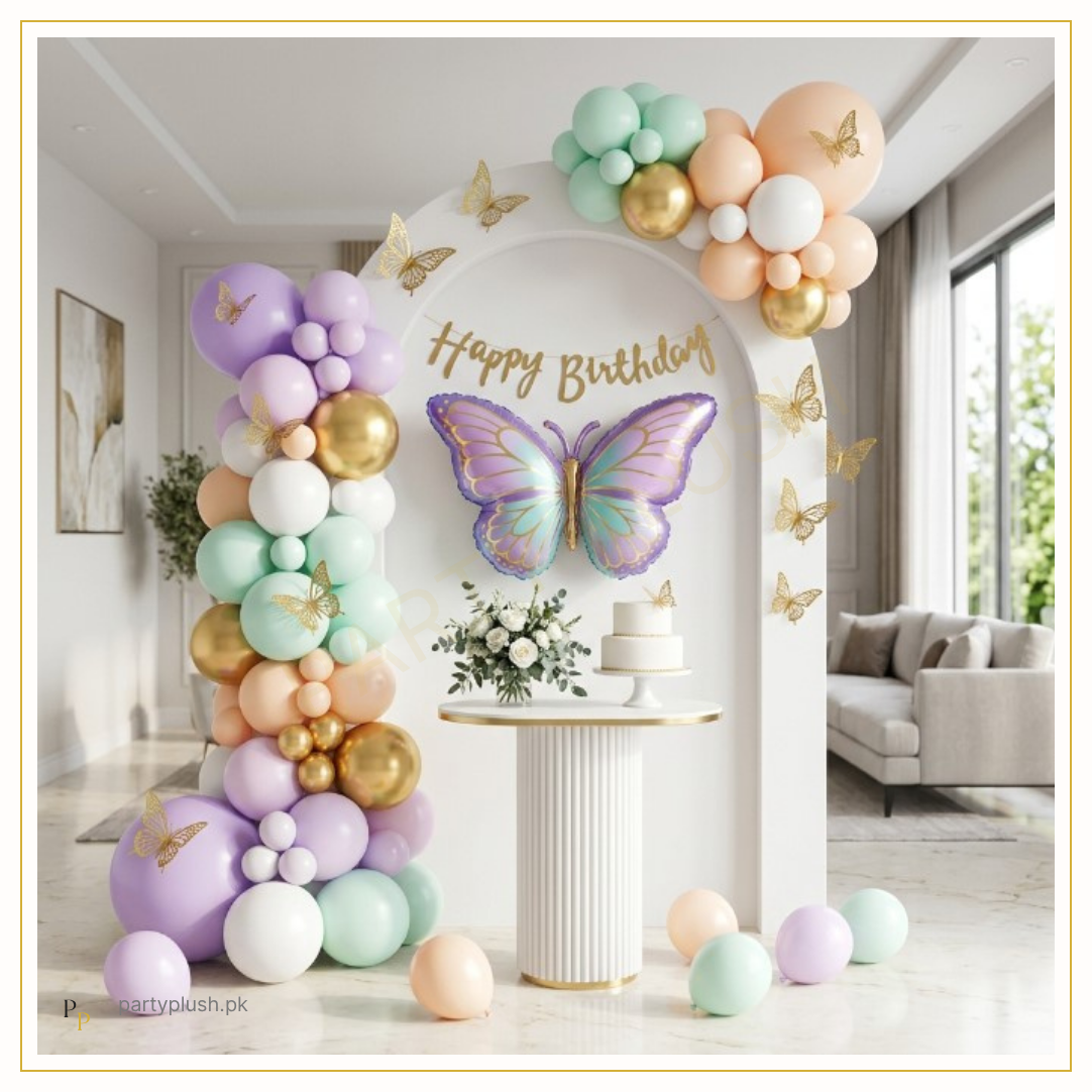 Lavender Butterfly Luxe Happy Birthday Balloon Decoration Kit with butterfly foil balloon, pastel balloon arch and chrome gold balloons by Party Plush Pakistan
