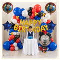 Micky Mouse-Red blue and black boys birthday balloon garland with silver foil curtain, golden happy birthday letters and character foil balloons