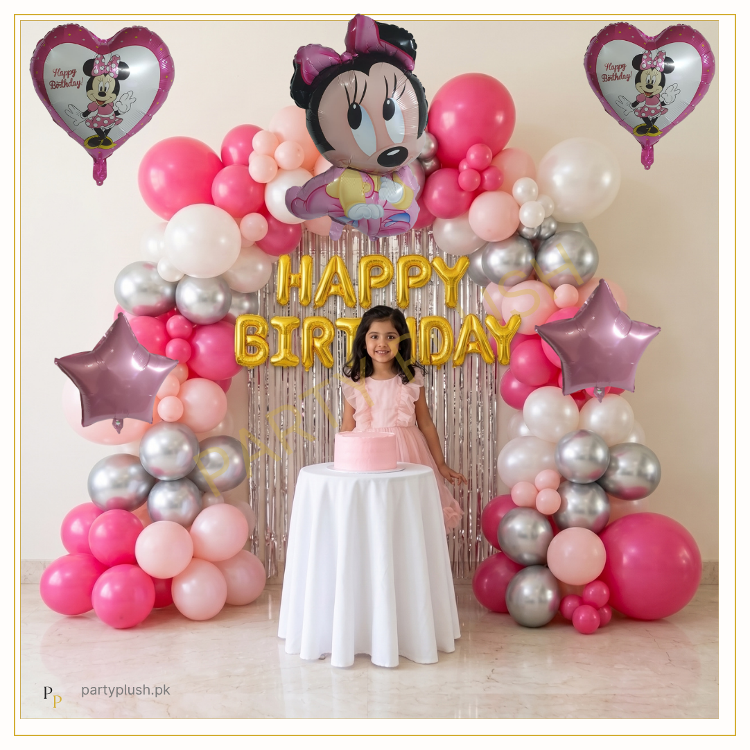 Minnie mouse Pink and silver girls birthday balloon garland with silver foil curtain, golden happy birthday letters and character foil balloons