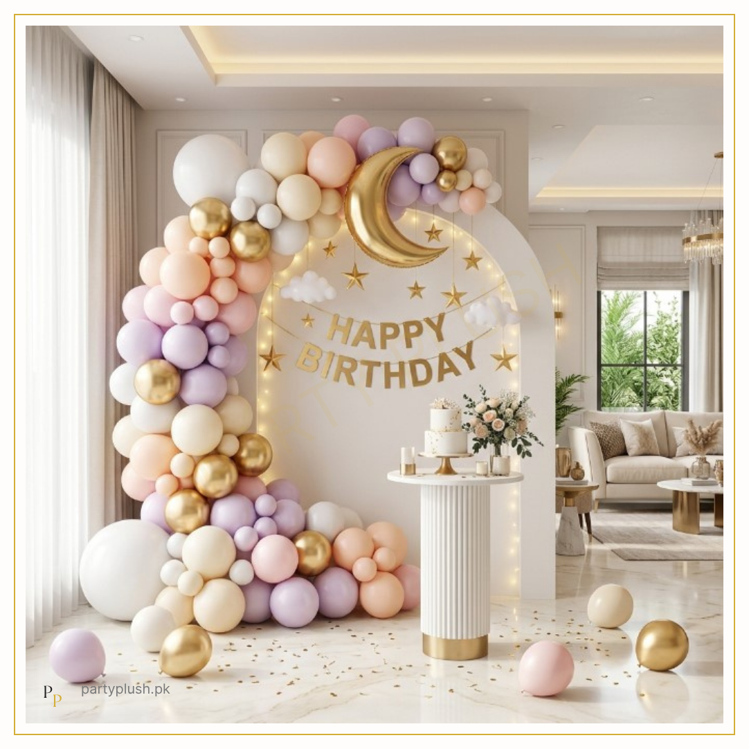 Moonlight Luxe Happy Birthday Balloon Decoration Kit with golden moon foil balloon, hanging stars, fairy lights and pastel balloon arch by Party Plush Pakistan