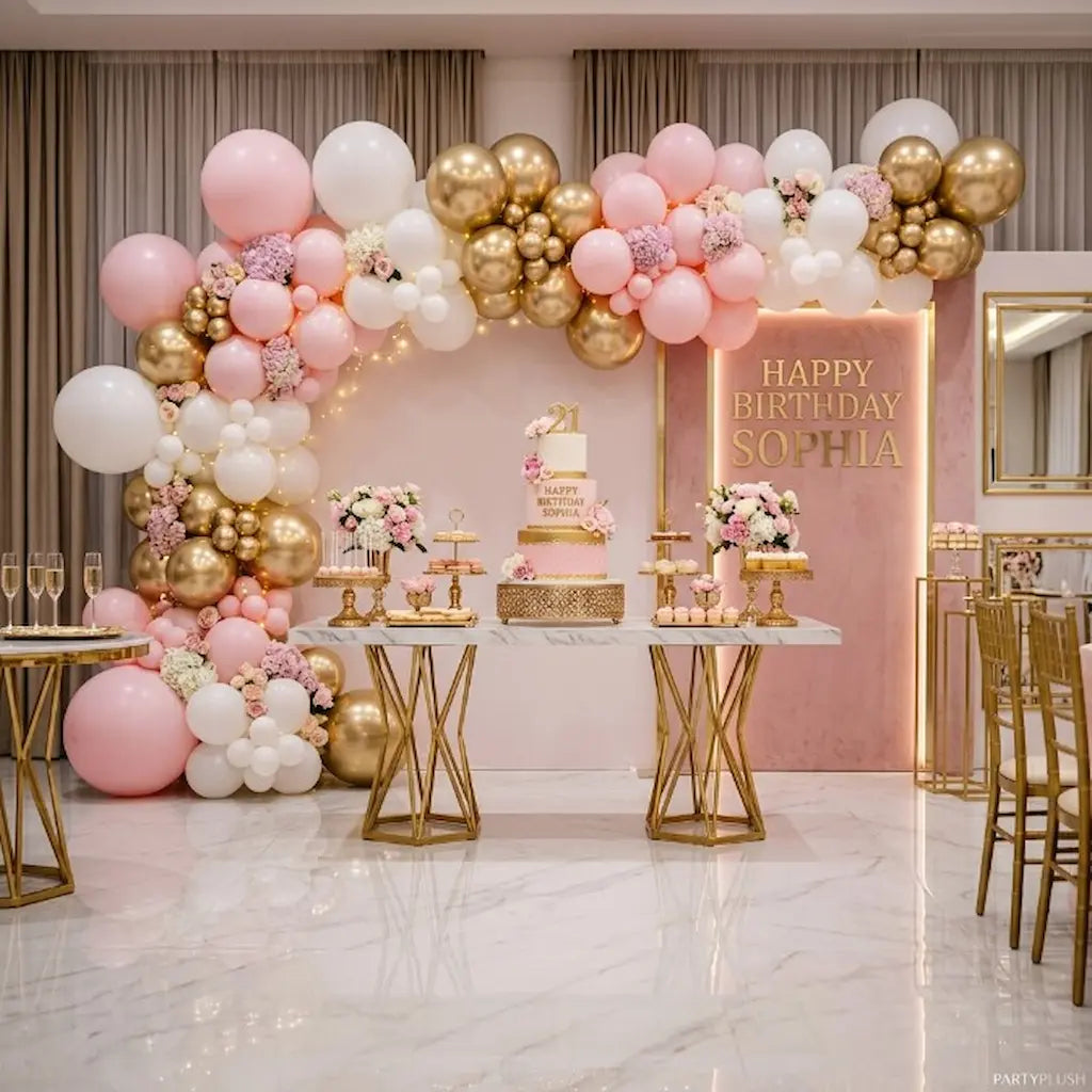 Premium Birthday Decoration Pink White Gold Theme | Luxury Setup Ideas