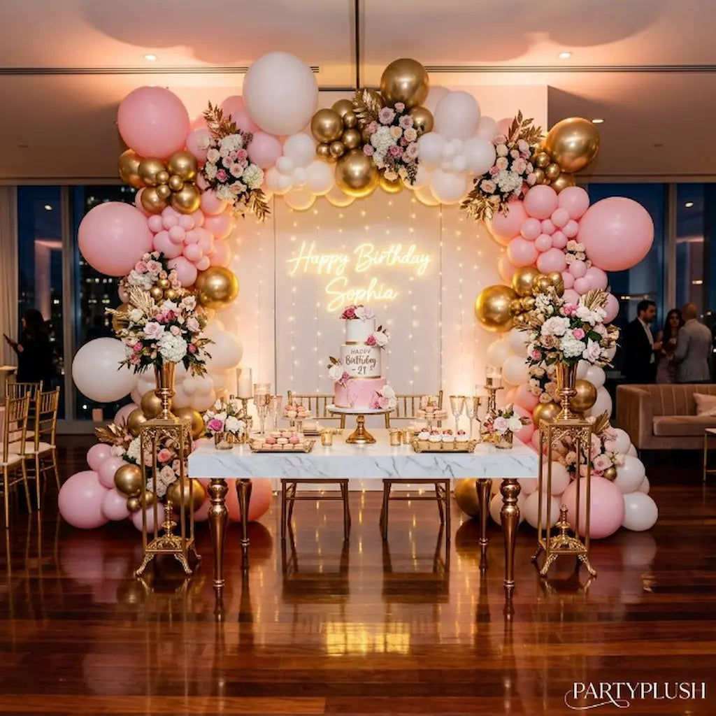 Premium Birthday Decoration Pink White Gold Theme | Luxury Setup Ideas