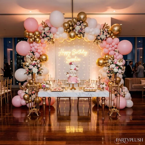 Premium Birthday Decoration Pink White Gold Theme | Luxury Setup Ideas