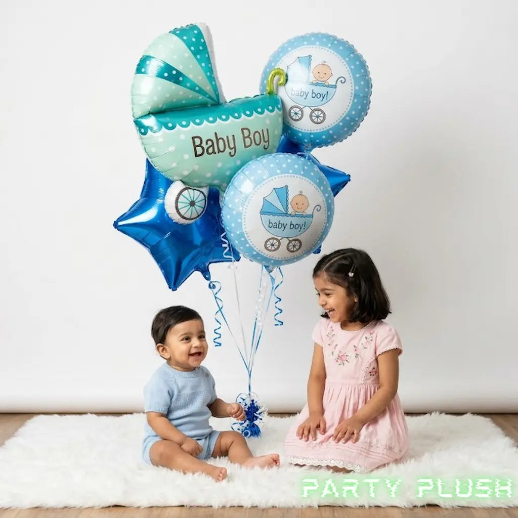 5 Pcs Baby Boy Foil Balloon Set | Pram + Round + Star Shape Mylar Balloons | Baby Shower & Newborn Party Decoration Pakistan