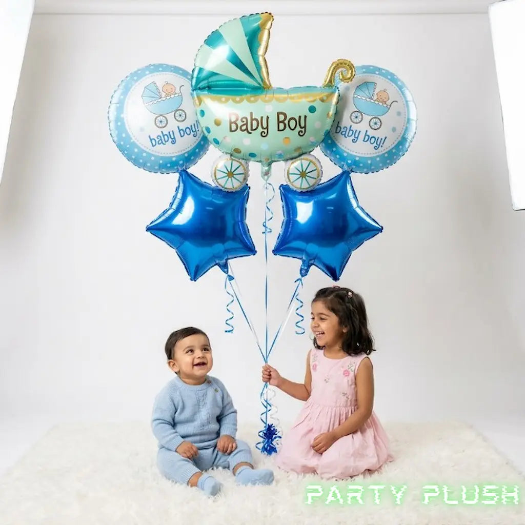 5 Pcs Baby Boy Foil Balloon Set | Pram + Round + Star Shape Mylar Balloons | Baby Shower & Newborn Party Decoration Pakistan