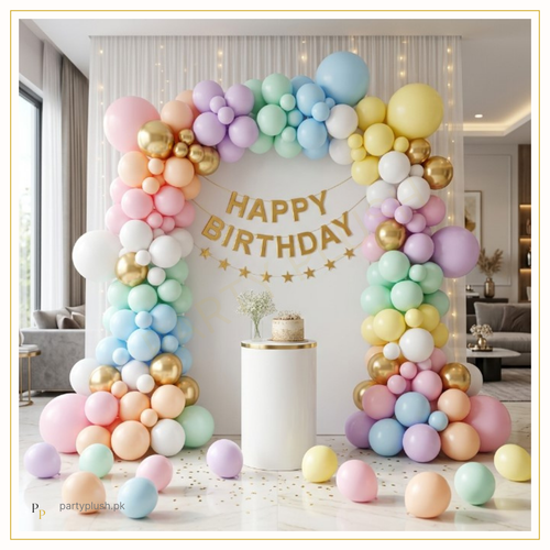 Pastel Rainbow Luxe Happy Birthday Balloon Decoration Kit with pastel balloon arch and gold Happy Birthday banner by Party Plush Pakistan